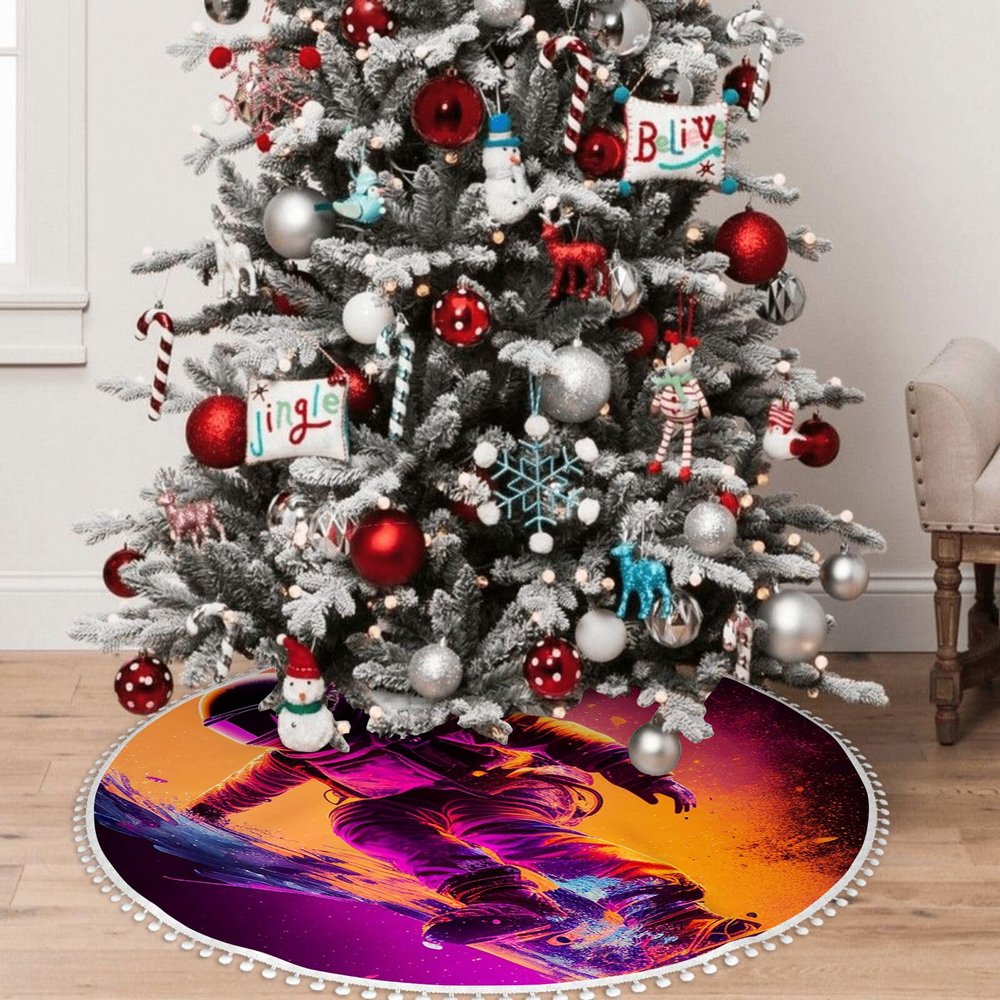 OOZ Astronaut Skateboarding Pattern 48 Inch Christmas Tree Skirt,Christmas Tree Decoration Xmas Tree Mat for Holiday Party Indoor Decorations,Red and Black