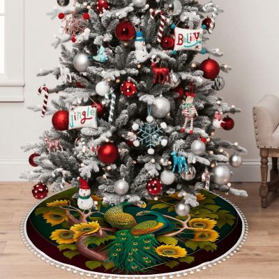 OOZ Peacock Sitting on Sunflower Pattern 30 Inch Christmas Tree Skirt,Christmas Tree Decoration Xmas Tree Mat for Holiday Party Indoor Decorations,Green and Yellow