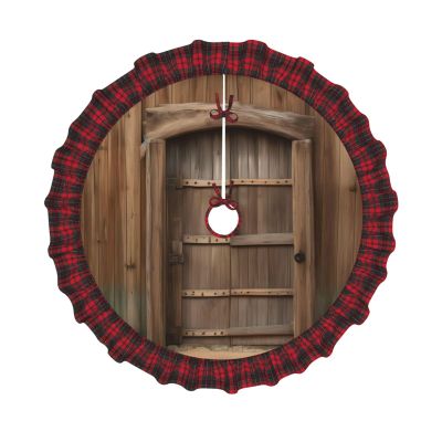 Rustic Stall Wooden Door Print Plaid Christmas Tree Skirt,Farmhouse Tree Skirt,for Holiday Party Christmas Tree Decor