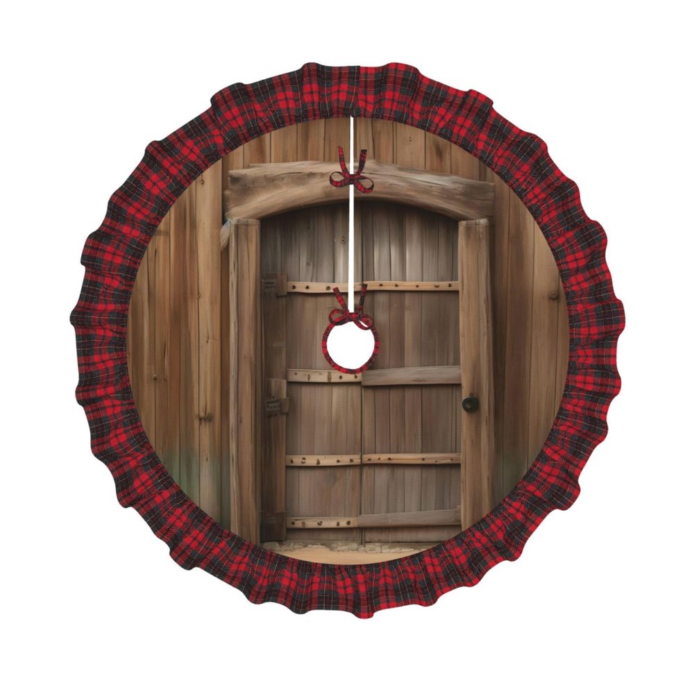 Rustic Stall Wooden Door Print Plaid Christmas Tree Skirt,Farmhouse Tree Skirt,for Holiday Party Christmas Tree Decor