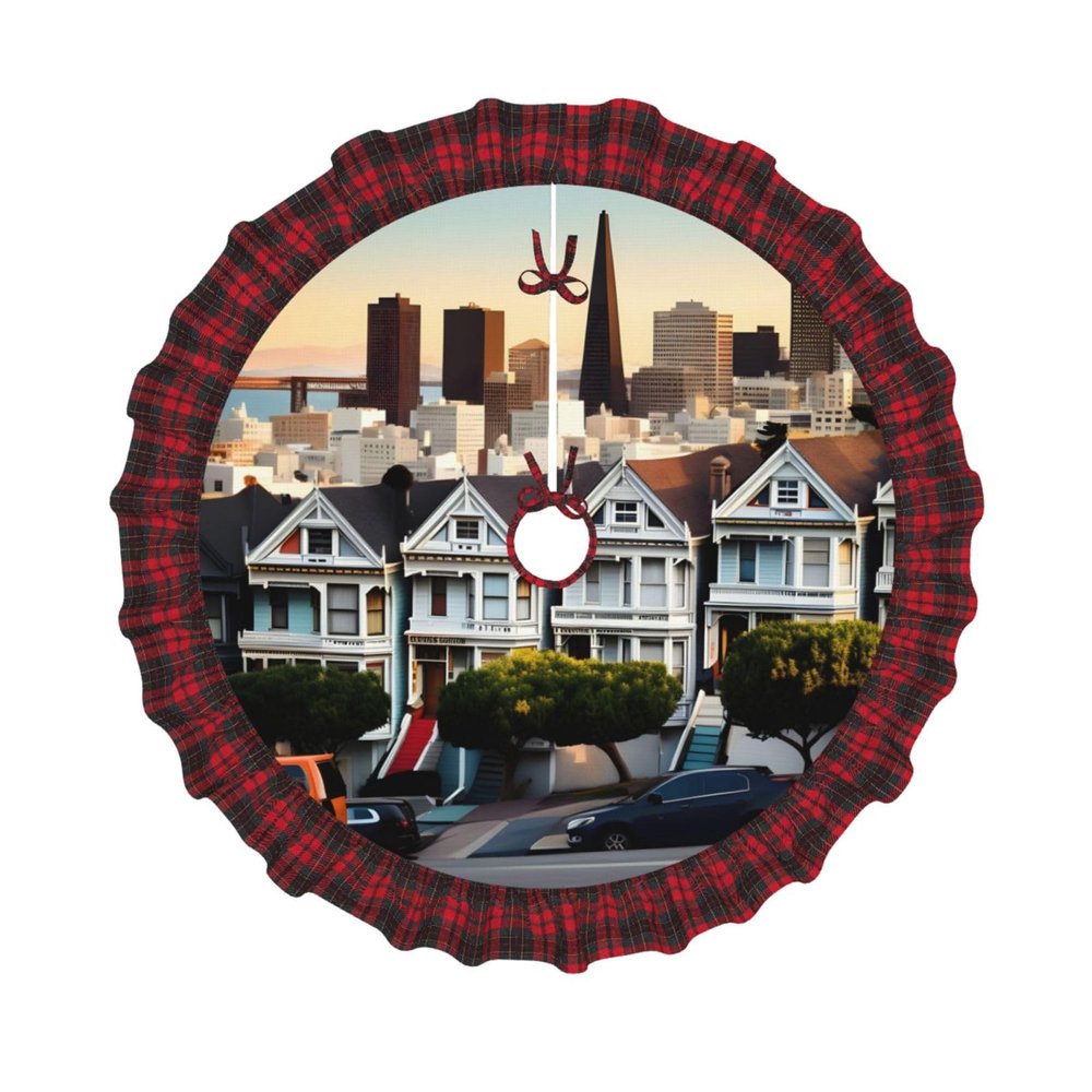 san Francisco Print Plaid Christmas Tree Skirt,Farmhouse Tree Skirt,for Holiday Party Christmas Tree Decor