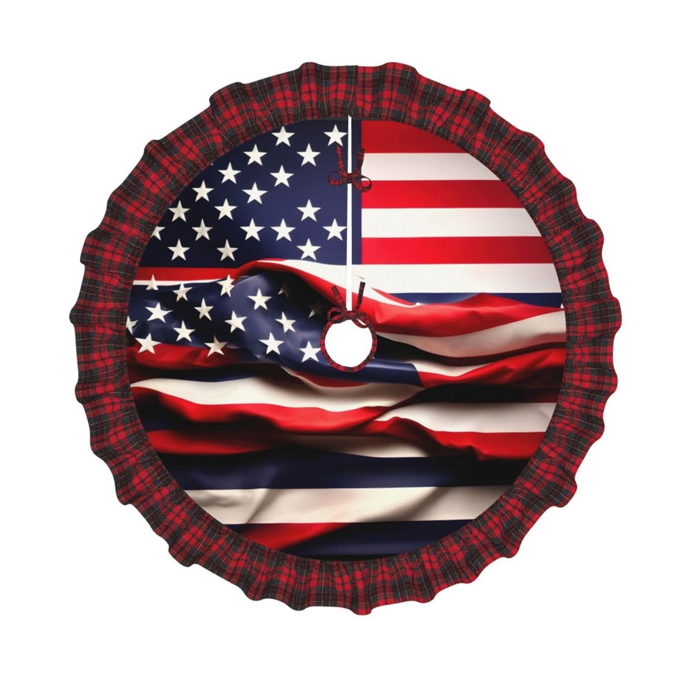 American Flag Print Plaid Christmas Tree Skirt,Farmhouse Tree Skirt,for Holiday Party Christmas Tree Decor