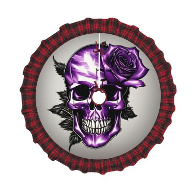 Purple Rose and Skull Print Plaid Christmas Tree Skirt,Farmhouse Tree Skirt,for Holiday Party Christmas Tree Decor