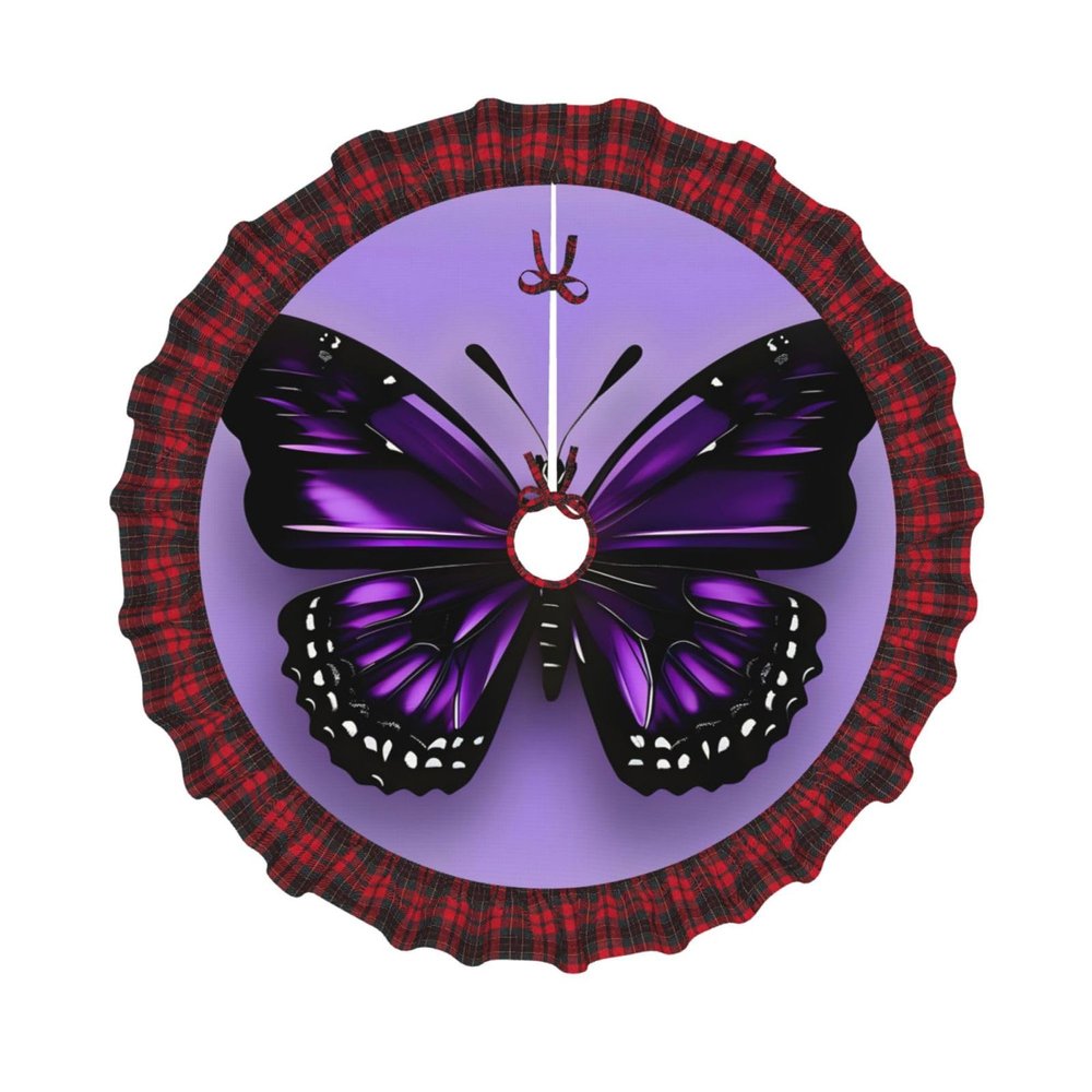 Dreamlike Purple Butterfly Print Plaid Christmas Tree Skirt,Farmhouse Tree Skirt,for Holiday Party Christmas Tree Decor