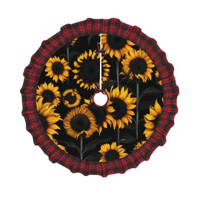 Sunflower Blooming Flowers Plants Print Plaid Christmas Tree Skirt,Farmhouse Tree Skirt,for Holiday Party Christmas Tree Decor