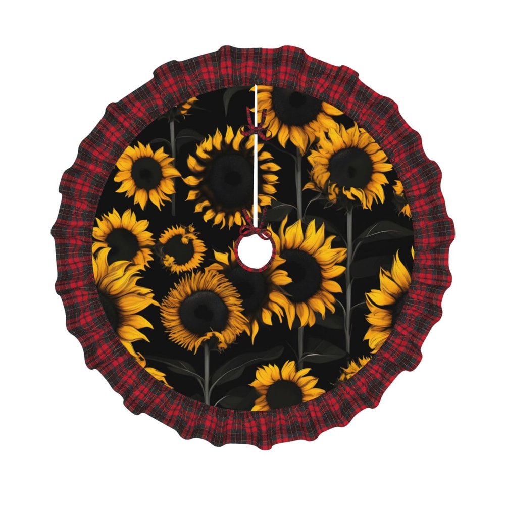 Sunflower Blooming Flowers Plants Print Plaid Christmas Tree Skirt,Farmhouse Tree Skirt,for Holiday Party Christmas Tree Decor