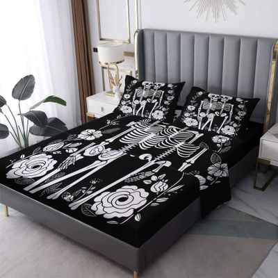 Skeleton and Floral Sheets California King Size - Black and White Bed Sheets, Soft Microfiber & Deep Pocket & Wrinkle Free Bedding Sheets & Pillowcases, 1 Fitted Sheet, 1 Flat Sheet, 2 Pillow Cases