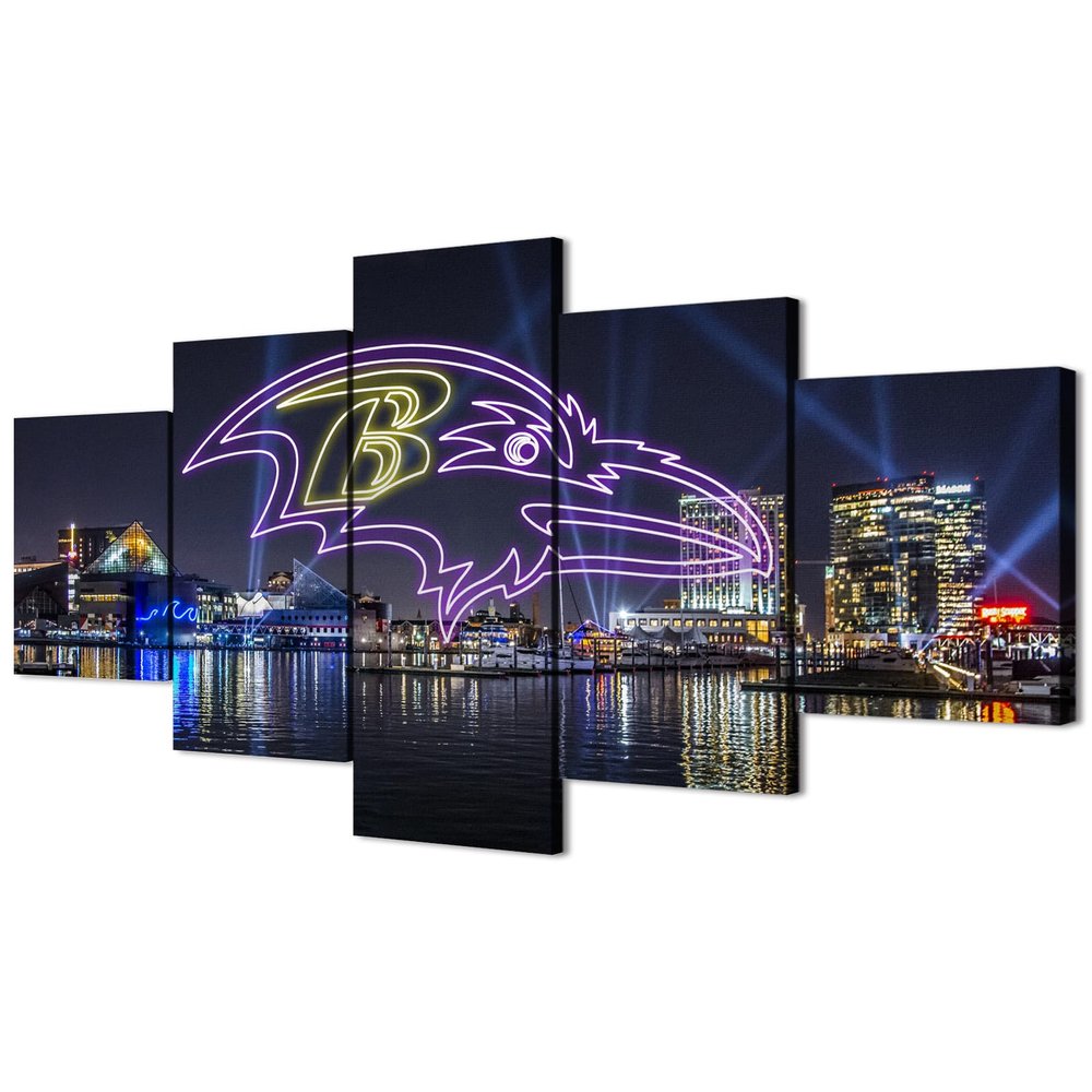 (100X175CM/5PCS) Frame Canvas Print Poster - Baltimore Inner Harbor American football Neon Ravens badge - City Landscape Wall Art for Home and Office Decor