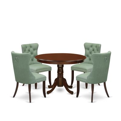 East West Furniture HLDA5-MAH-22 5 Piece Dining Room Set Includes a Round Kitchen Table with Pedestal and 4 Polyester Fabric Upholstered Parson Chairs, 42x42 Inch, Mahogany
