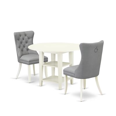 East West Furniture SUDA3-LWH-27 3 Piece Dining Table Set Includes a Round Kitchen Table with Dropleaf & Shelves and 2 Polyester Fabric Upholstered Chairs, 42x42 Inch, Linen White