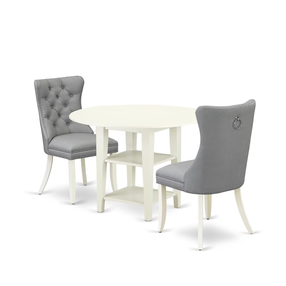 East West Furniture SUDA3-LWH-27 3 Piece Dining Table Set Includes a Round Kitchen Table with Dropleaf & Shelves and 2 Polyester Fabric Upholstered Chairs, 42x42 Inch, Linen White