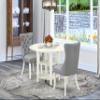 East West Furniture SUDA3-LWH-27 3 Piece Dining Table Set Includes a Round Kitchen Table with Dropleaf & Shelves and 2 Polyester Fabric Upholstered Chairs, 42x42 Inch, Linen White view 2