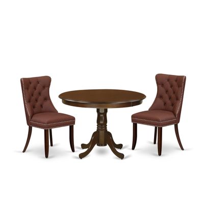 East West Furniture HLDA3-MAH-26 3 Piece Dinette Set Includes a Round Dining Table with Pedestal and 2 Polyester Fabric Upholstered Parson Chairs, 42x42 Inch, Mahogany