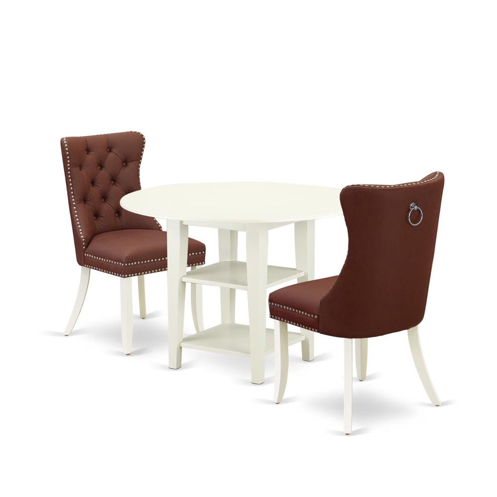 East West Furniture SUDA3-LWH-26 3 Piece Kitchen Dining Set Consists of a Round Dining Table with Dropleaf & Shelves and 2 Polyester Fabric Upholstered Parson Chairs, 42x42 Inch, Linen White