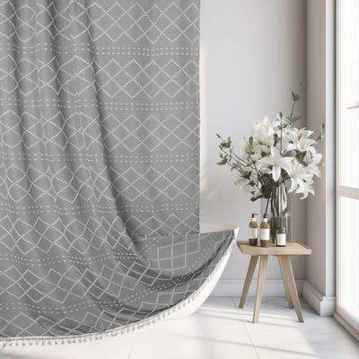 Siiluminisoy Boho Grey Textured Shower Curtain with Tassels 72 x 72 Tufted Chevron Striped Chenille Woven Fabric Cloth Shower Curtain Modern Farmhouse Minimalist, Shabby Chic Home Decor for Bathroom