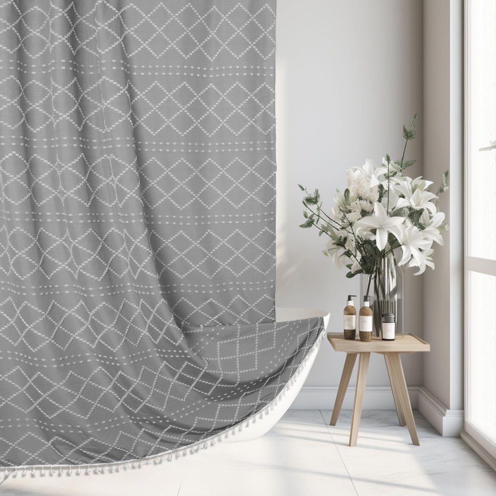 Siiluminisoy Boho Grey Textured Shower Curtain with Tassels 72 x 72 Tufted Chevron Striped Chenille Woven Fabric Cloth Shower Curtain Modern Farmhouse Minimalist, Shabby Chic Home Decor for Bathroom