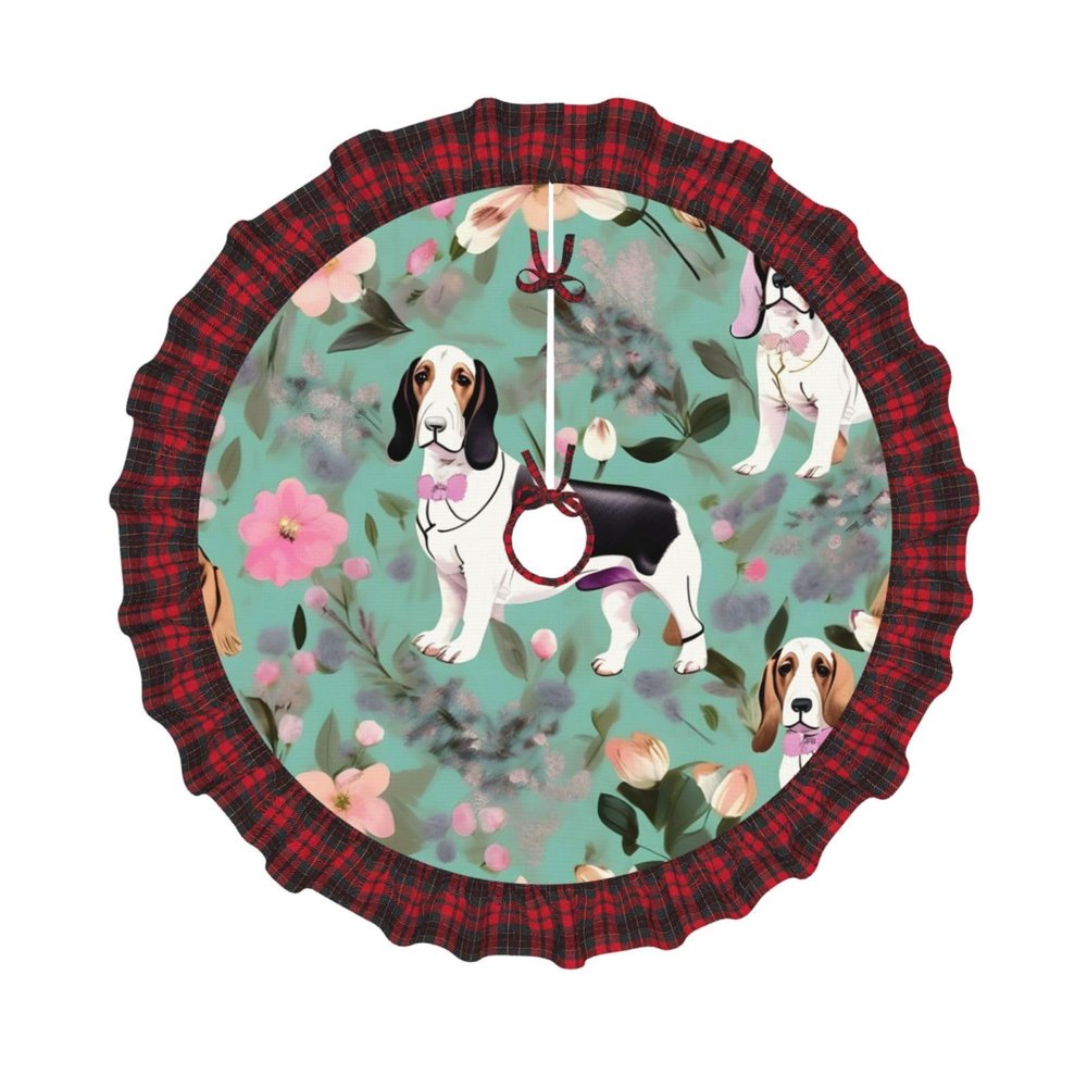 Christmas Tree Skirt for Xmas Holiday Party Decorations Classic Red Scottish Plaid 48",Sweet Basset Hound Florals