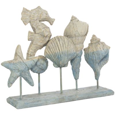 Deco 79 Polystone Shell Decorative Sculpture Textured Ombre Home Decor Statue with Seahorse Accent, Accent Figurine 14" x 4" x 11", Light Blue