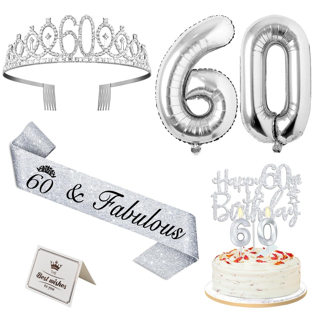 60th Birthday Decorations for Women Silver with 60th Birthday Tiara and Sash, Cake Topper and Candles, Silver Number Balloons, 60 Year Old Gifts for Women