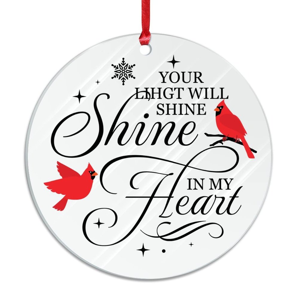 BESTORLOVE Your Light Will Always Shine in My Heart Acrylic Christmas Ornament red Bird Words Letters Christmas Hanging Ornaments 3 Inch with Red String Newlywed Couple Ornament Engagement Gift