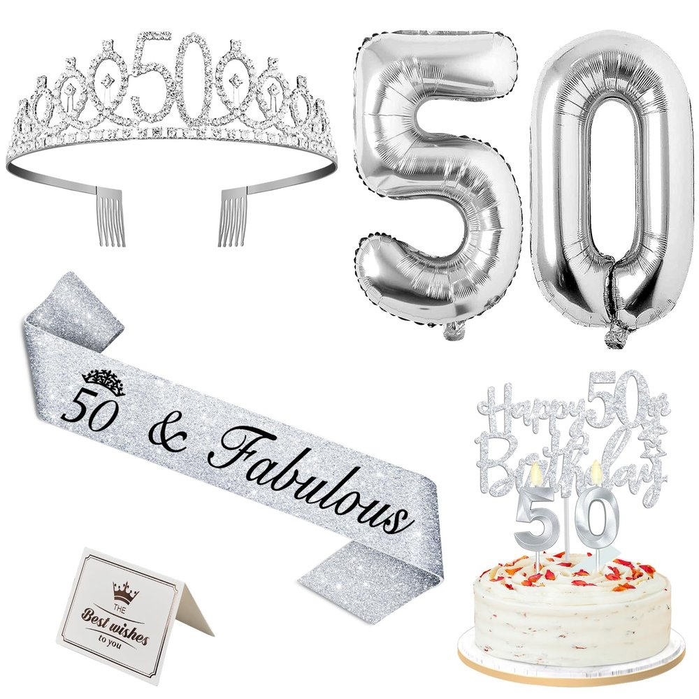 50th Birthday Decorations for Women Silver with 50th Birthday Sash and Crown, Cake Topper and Candles, Silver Number Balloons, 50 Year Old Gifts for Women