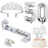 50th Birthday Decorations for Women Silver with 50th Birthday Sash and Crown, Cake Topper and Candles, Silver Number Balloons, 50 Year Old Gifts for Women view 1