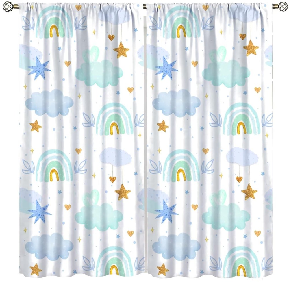 Abstract Bohemian Girls Rainbow Decor Curtains,Nursery Boho Colourful Rainbow Cute Moon Clouds Printed Window Drapes,Thermal Insulated Noise Reduction Set 2 Panels,42x45 Inches
