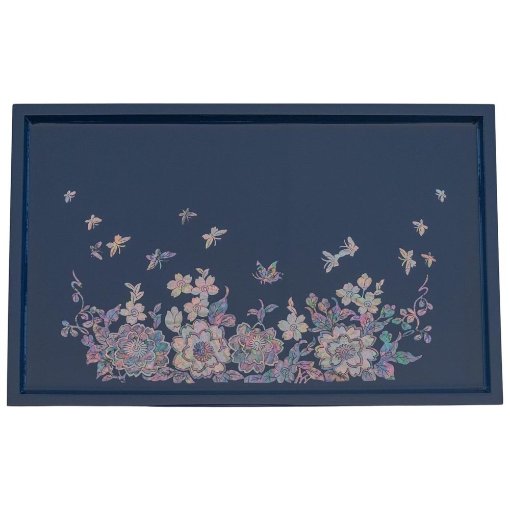 FEBRUARY MOUNTAIN Charming Reflections: Iridescent Mother-of-Pearl Floral and Butterfly Tray - Elegant Home Dcor Gift for Her
