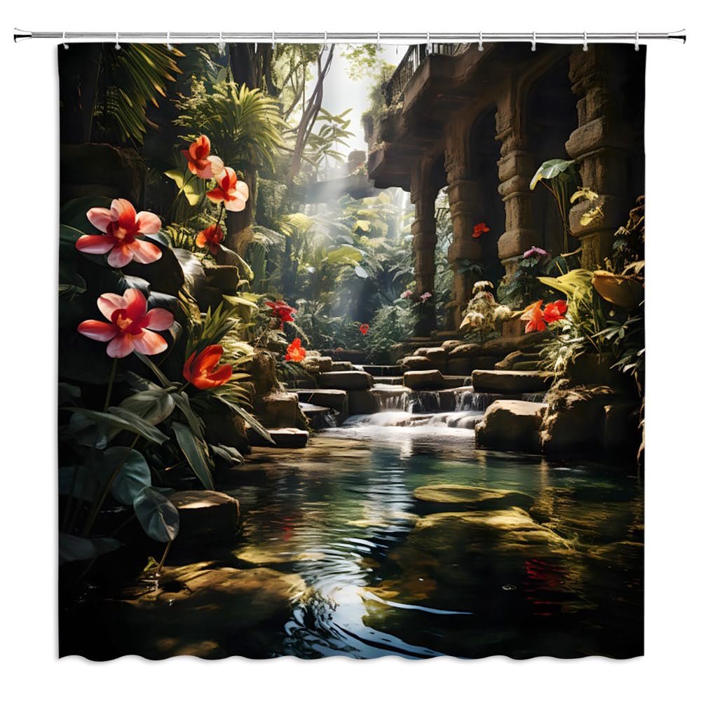 ZWSMZW Green Forest Shower Curtain Tropical Rainforest Waterfall Plant Red Flower Wildness Stream Natural Landscape Bathroom Decor Fabric Curtains with Hooks