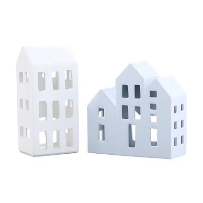 Lllunimon Minimalist Blue White Ceramic Houses 2Pcs, Small House Statue Farmhouse Rustic Decor for Home Table Room Christmas Decorations