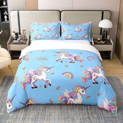 Cartoon Unicorn 100% Nature Cotton Duvet Cover Twin,Watercolor Rainbow Butterfly Dreamy Sky Super Soft Bedding Set,Girly Cute Horse Farmhouse Style Comforter Cover Bedding 2 Piece (No Comforter)