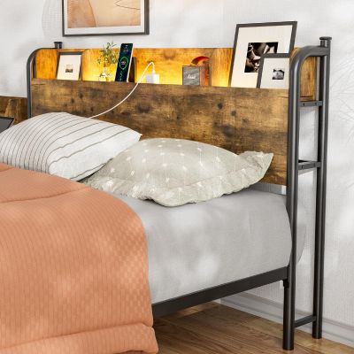AOVSA Full Size LED Storage Headboard, Metal Full Headboard Only with Charging Station & LED Lights, Height Adjustable, Industrial Farmhouse Style, Attach Frame - Rustic Brown