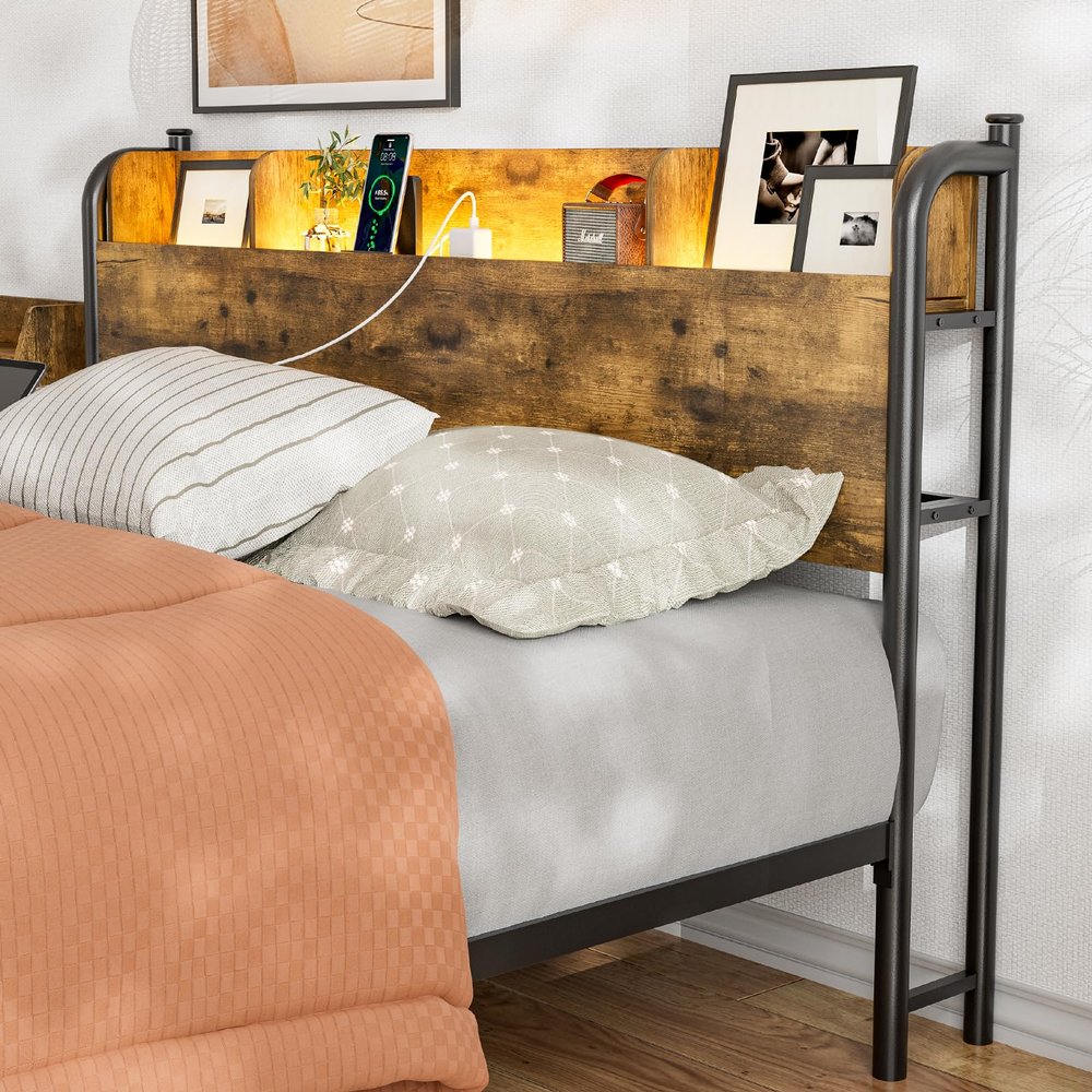 AOVSA Full Size LED Storage Headboard, Metal Full Headboard Only with Charging Station & LED Lights, Height Adjustable, Industrial Farmhouse Style, Attach Frame - Rustic Brown