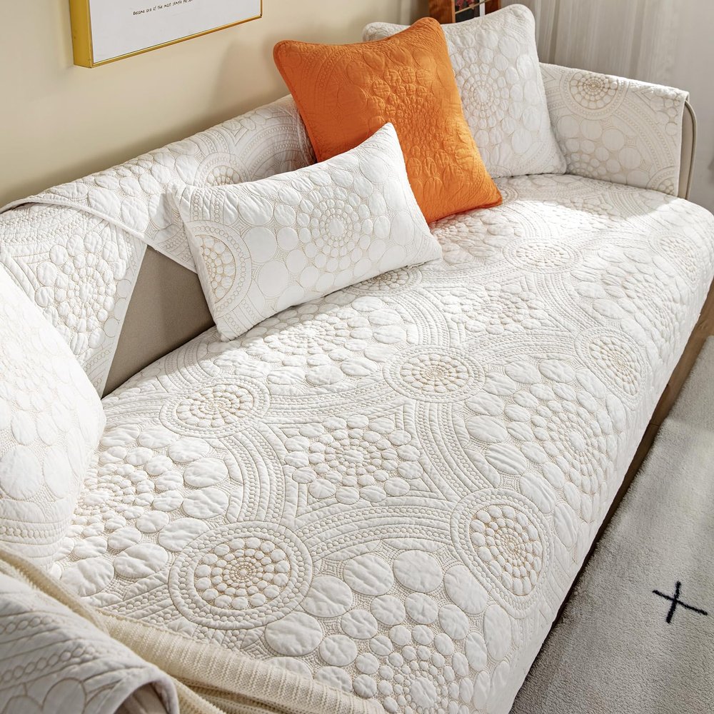 Boho Sofa Cover Solid Color Cotton Quilted Couch Cover,Cotton Quilted Circle Boho Couch Covers,Washable Non-slip Sectional Couch Covers for Dogs Pets Furniture Protector,White-35"x28"/90x70cm