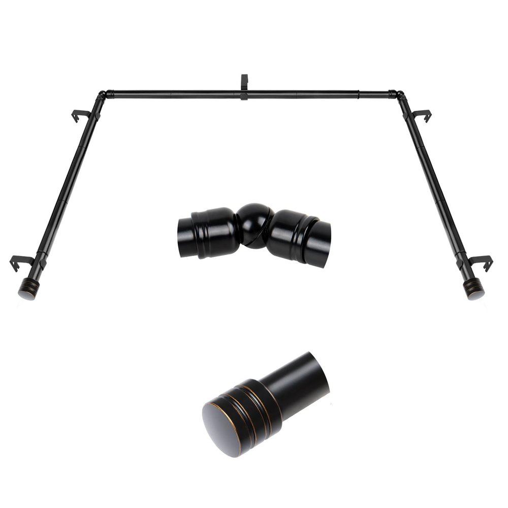 Bay Window Curtain Rods, HOTOZON 7/8 Inch Heavy Duty Curtain Rods for Bay Windows 48-84 Inch(Center Rod), 32-58 Inch Side Rods for Windows, Black, Decorative Drapery Rod with End Cap Finials
