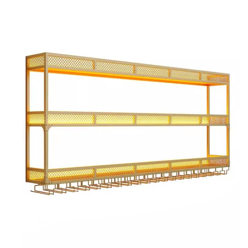 SilteD Wall Mounted Wine Rack Wine Glass Rack with Light Strip- Bottle & Goblet Glass Holder 3-Tiers Metal Wall Mounted Wine Holder, for Bar, Home, Dining Room,/Gold/80 * 25 * 90Cm