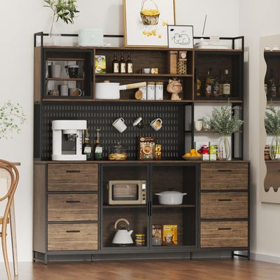 ECACAD 70.9" L Sideboard Buffet Storage Cabinet with Hutch, Pegboard, 4 Metal Mesh Doors, 6 Drawers & Shelves, Kitchen Pantry Cupboard for Living Room, Dining Room, Black & Rustic Brown