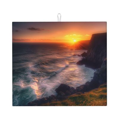 Dish Drying Mat for Kitchen Counter, Absorbent Microfiber Drainer Mats, Non-slip Kitchen Draining Mat for Coffee Machine Dish Rack Pad 18"x16" Ireland Sunset Seascape Dish Drainer Pad