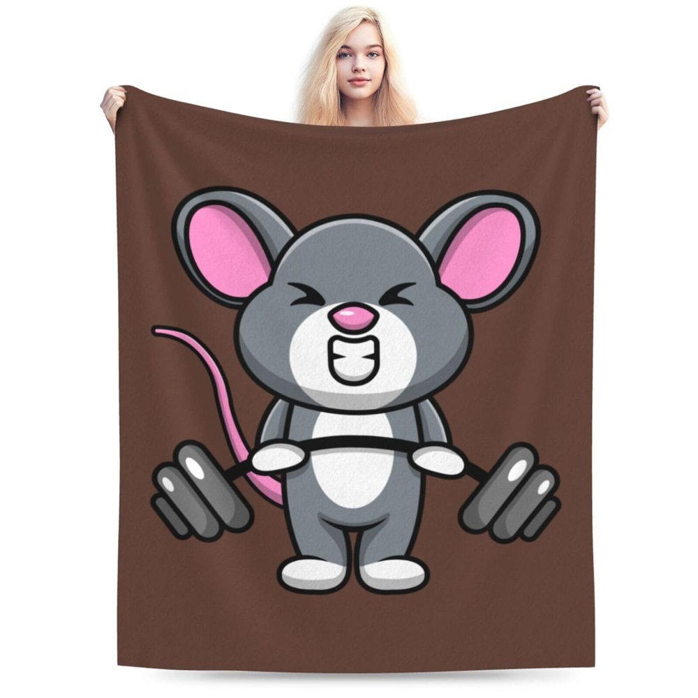 Cute Mouse Holding a Barbell Throw Blanket for Couch Bed Sofa Soft and Comfortable Blankets 50"x40" Anti-Pilling Flannel Blanket
