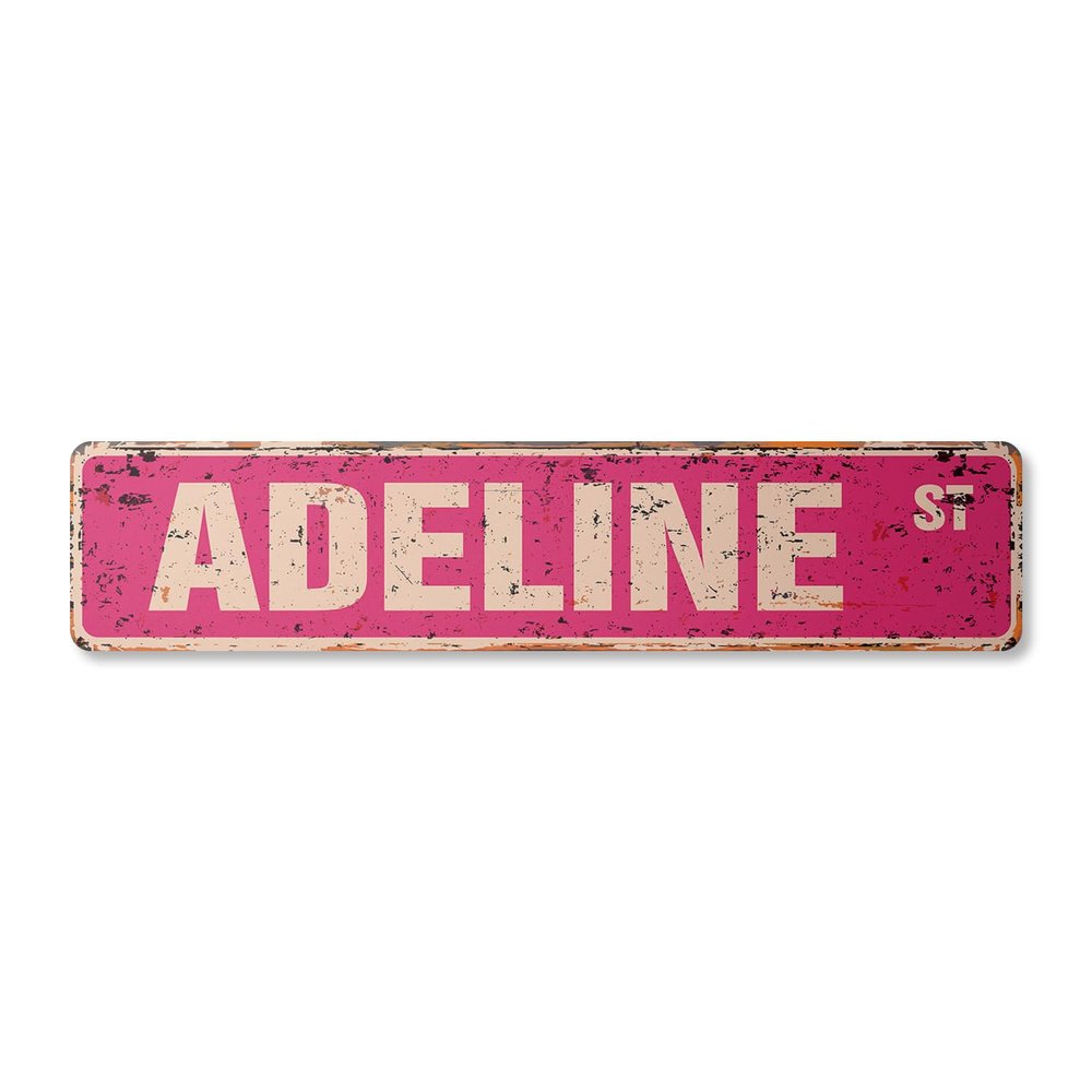 Adeline Vintage Aluminum Street Sign Childrens Name Room Metal Sign Rustic Metal tin | Indoor/Outdoor | 24" Wide