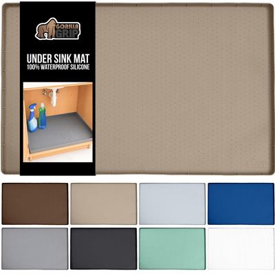 GORILLA GRIP Waterproof Silicone Under Sink Mat with Raised Lip for Kitchen and Bathroom, 28 x 22 in, Cabinet Shelf Liner Stay in Place Mats Dishwasher Safe Drawer Liner, Organizer Tray, Beige