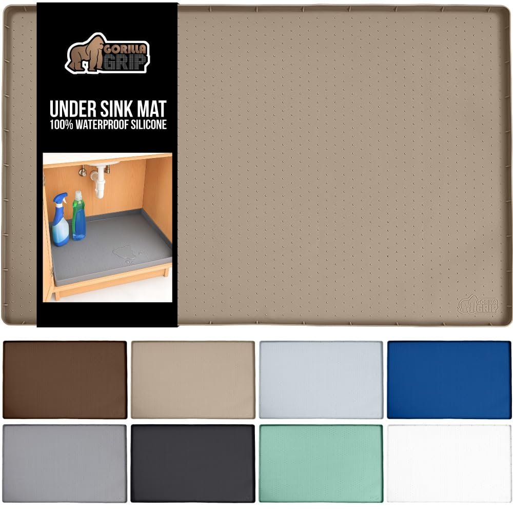 GORILLA GRIP Waterproof Silicone Under Sink Mat with Raised Lip for Kitchen and Bathroom, 28 x 22 in, Cabinet Shelf Liner Stay in Place Mats Dishwasher Safe Drawer Liner, Organizer Tray, Beige