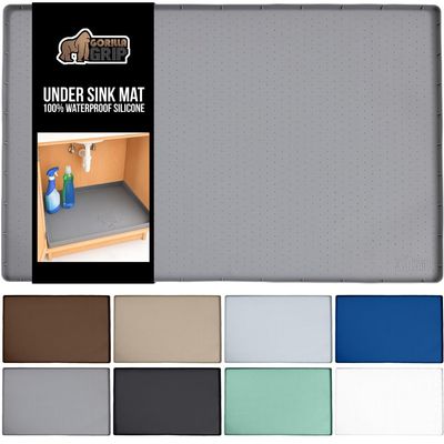 GORILLA GRIP Waterproof Silicone Under Sink Mat with Raised Lip for Kitchen and Bathroom, 31 x 22 in, Cabinet Shelf Liner Stay in Place Mats Dishwasher Safe Drawer Liner, Organizer Tray, Gray