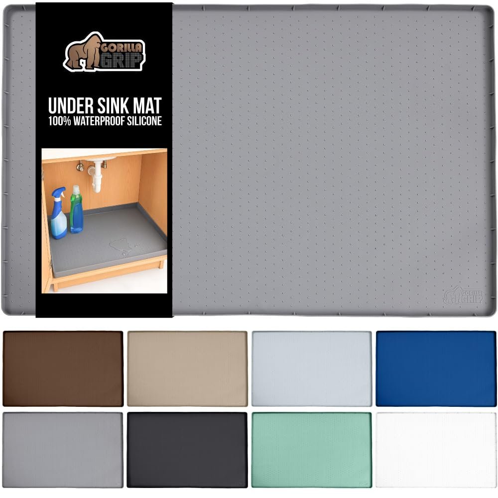 GORILLA GRIP Waterproof Silicone Under Sink Mat with Raised Lip for Kitchen and Bathroom, 31 x 22 in, Cabinet Shelf Liner Stay in Place Mats Dishwasher Safe Drawer Liner, Organizer Tray, Gray