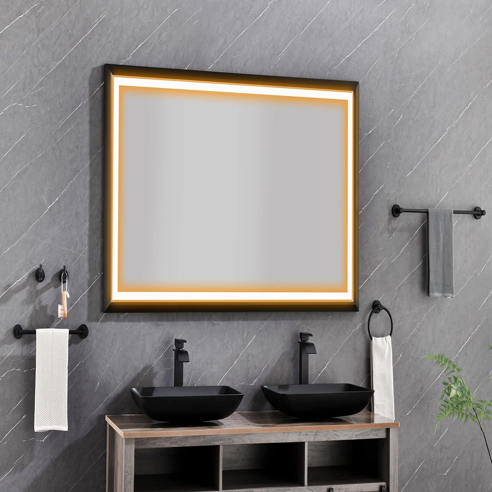 60in. W x 36in. H Oversized Rectangular Black Framed LED Mirror Anti-Fog Dimmable Wall Mount Bathroom Vanity Mirror Wall Mirror Kit for Gym and Dance Studio 36X 60