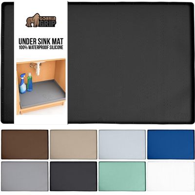 GORILLA GRIP Waterproof Silicone Under Sink Mat with Raised Lip for Kitchen and Bathroom, 28 x 22 in, Cabinet Shelf Liner Stay in Place Mats Dishwasher Safe Drawer Liner, Organizer Tray, Black
