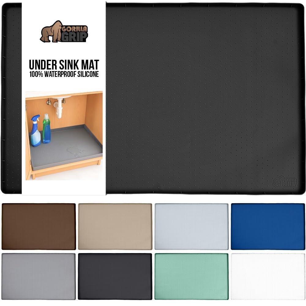 GORILLA GRIP Waterproof Silicone Under Sink Mat with Raised Lip for Kitchen and Bathroom, 28 x 22 in, Cabinet Shelf Liner Stay in Place Mats Dishwasher Safe Drawer Liner, Organizer Tray, Black