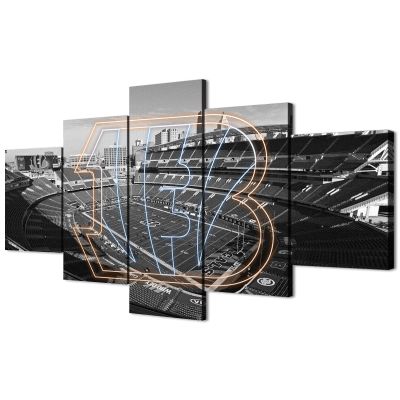 (100X175CM/5PCS) Frame Canvas Print Poster - American football Cincinnati Field Stadium with Neon Bengals badge - Original Black and White Sports Wall Art for Home and Office Decor