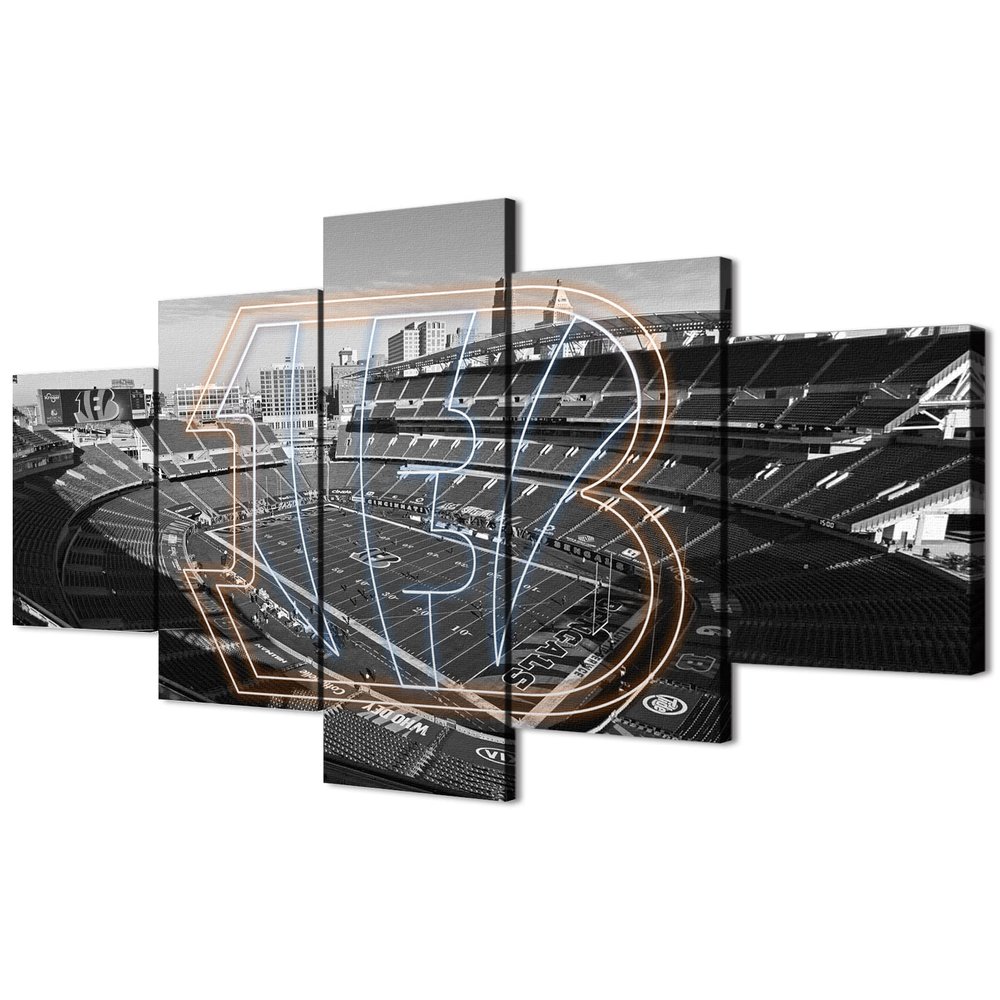 (100X175CM/5PCS) Frame Canvas Print Poster - American football Cincinnati Field Stadium with Neon Bengals badge - Original Black and White Sports Wall Art for Home and Office Decor