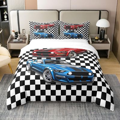 Castle Fairy Racing Car 100% Natural Cotton Duvet Cover Queen Size Extreme Sports Comforter Cover with 2 Pillowcases Black White Geometric Grid Bedding Set 3 Pcs Bed Cover(No Comforter)